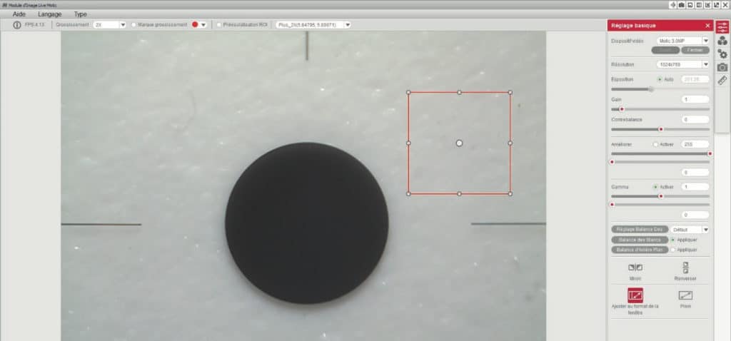 etalon de calibration dans une capture du logiciel motic image plus