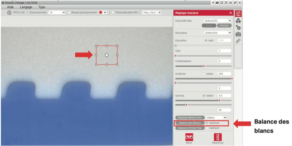 Motic image plus réglage de la balance des blancs